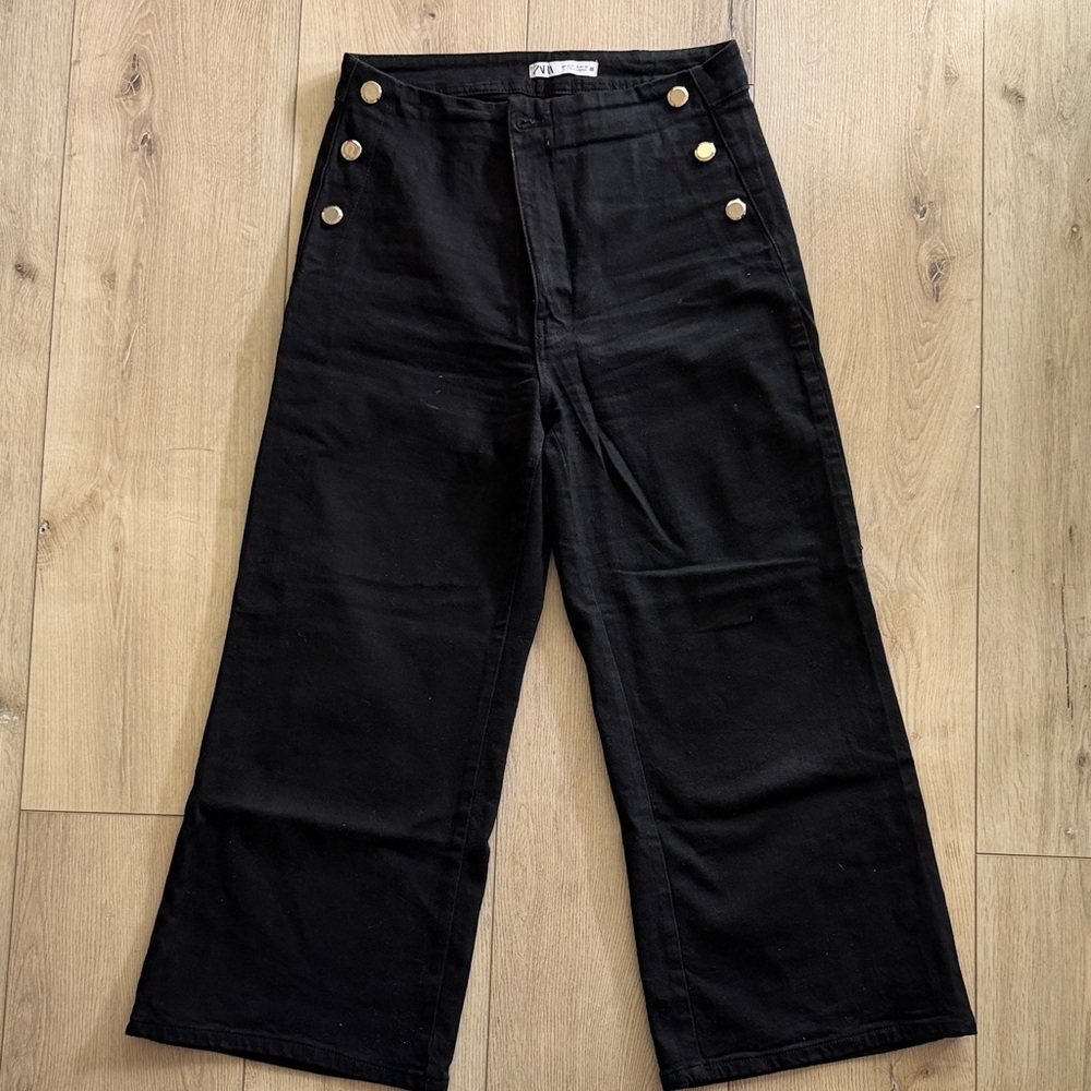 Black Wide-Leg women’s Sailor Pants with Button Detail
